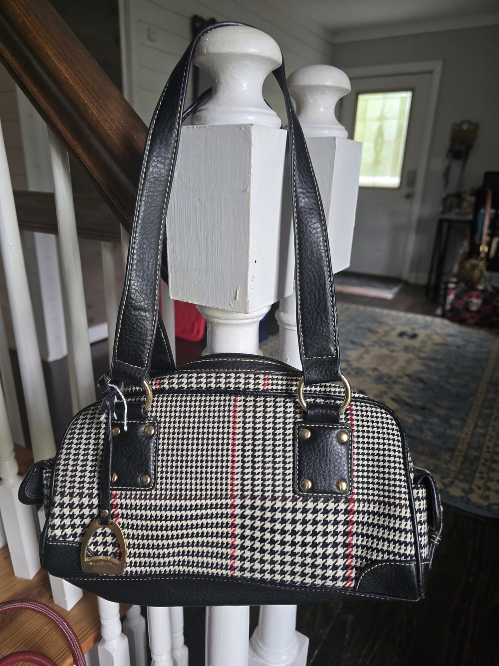 Chaps Classic Black & White Houndstooth Shoulder Bag with Red Accents
